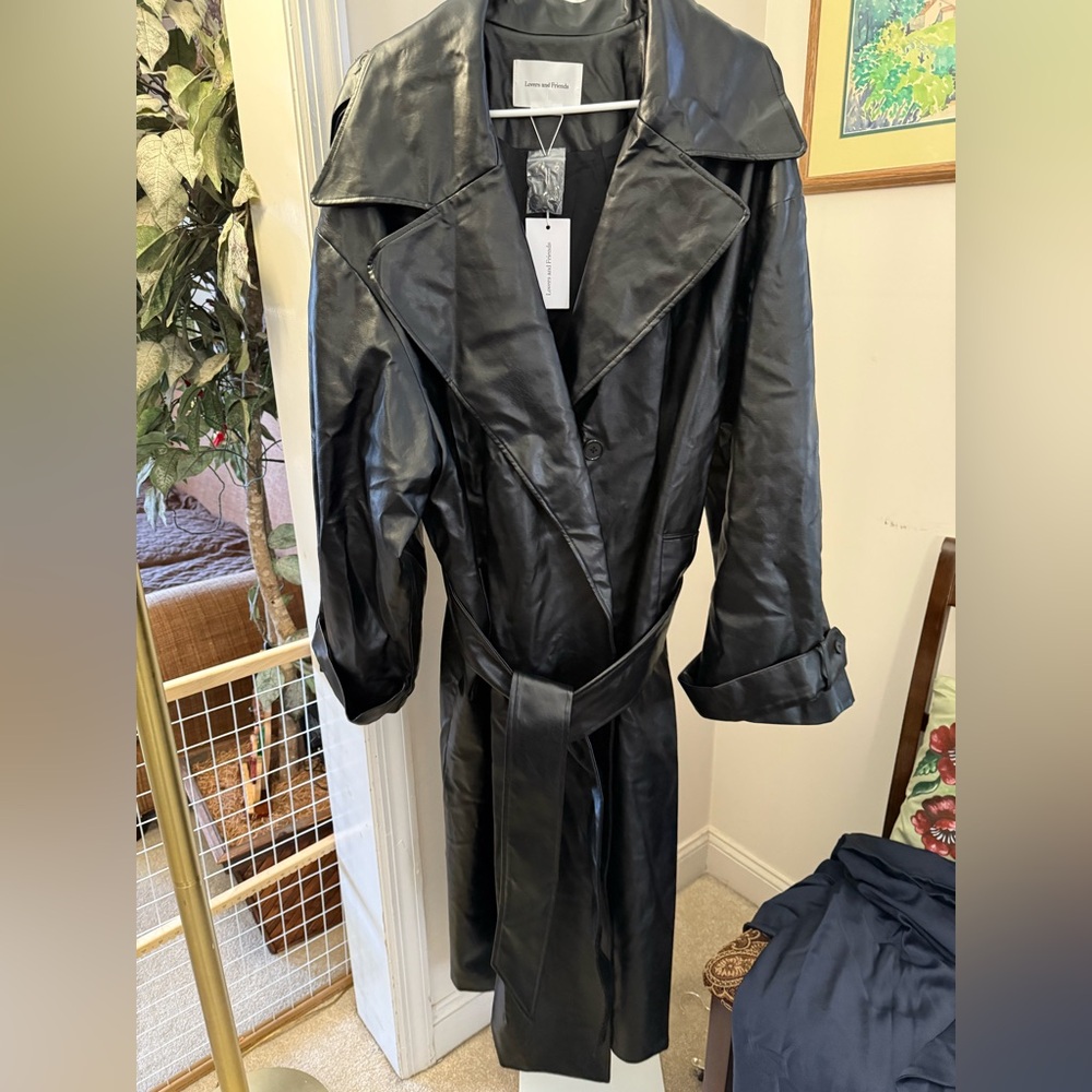 Lovers and Friends Black Faux Leather Trench Coat. Damaged. Size XL